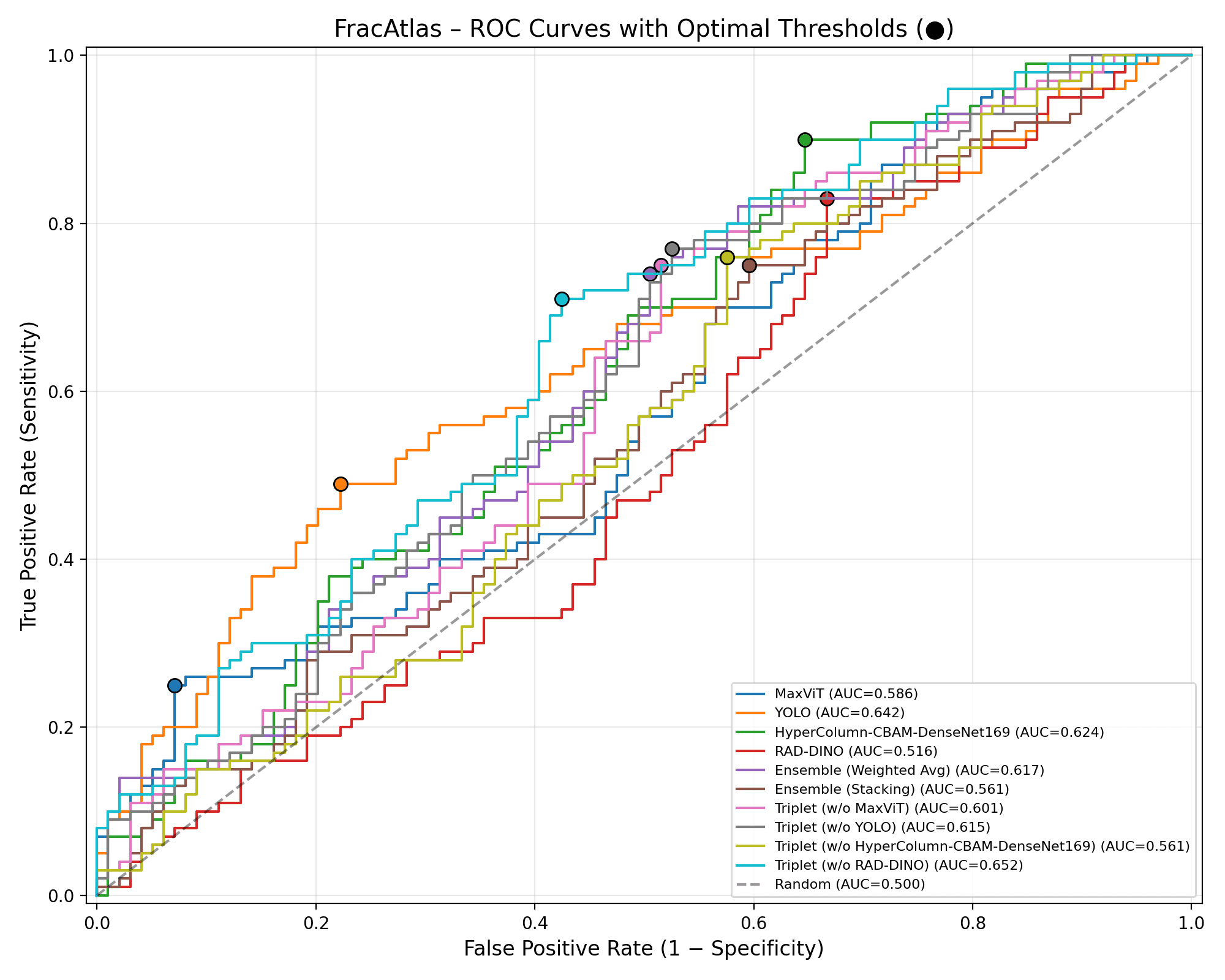 ROC curves on FracAtlas external dataset